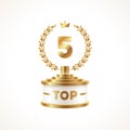 Top 5 award cup. Golden award trophy with laurel wreath and crown - isolated on white background. Royalty Free Stock Photo